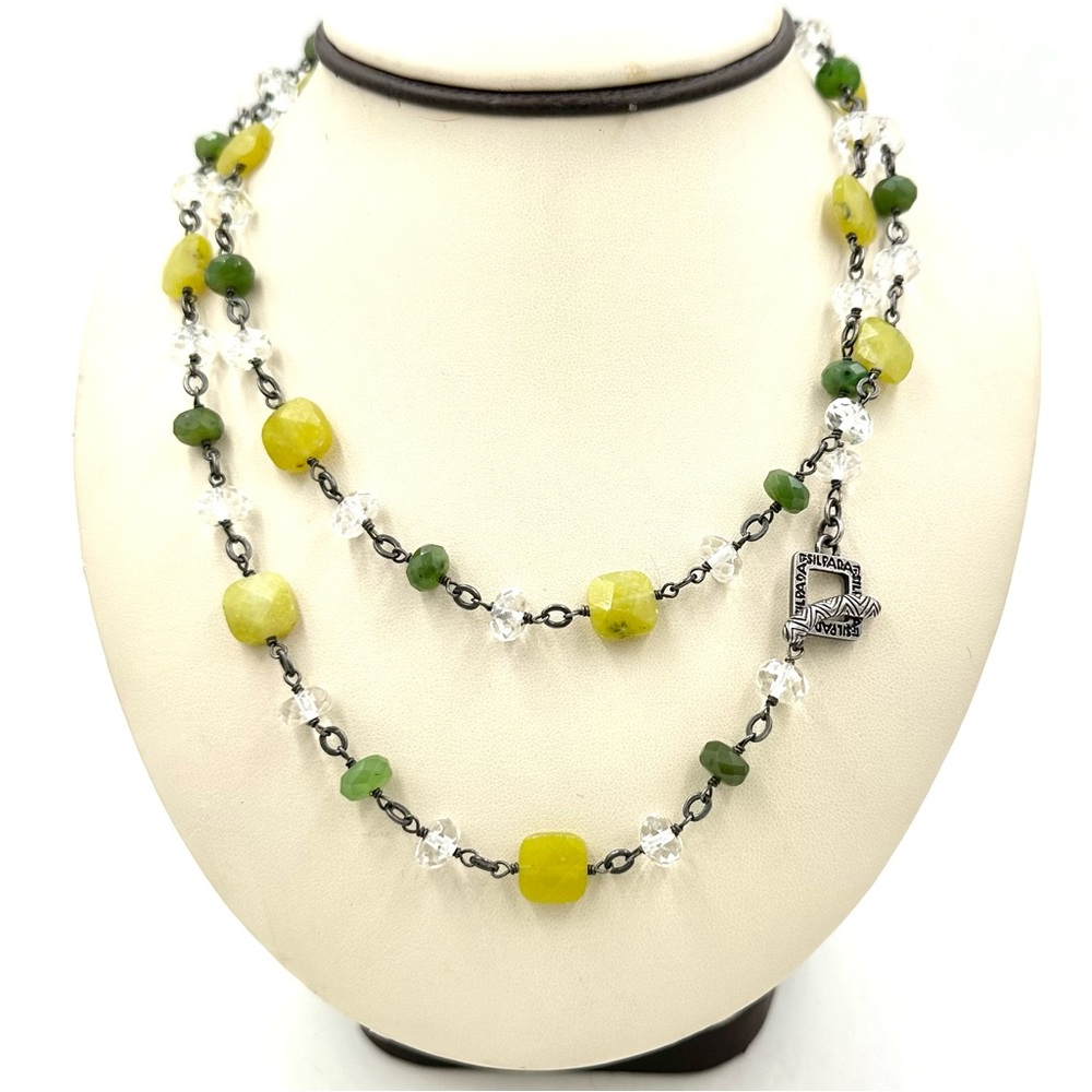Silpada Silver Canadian Olive Green Jade Crystal Bead Necklace 35” Long